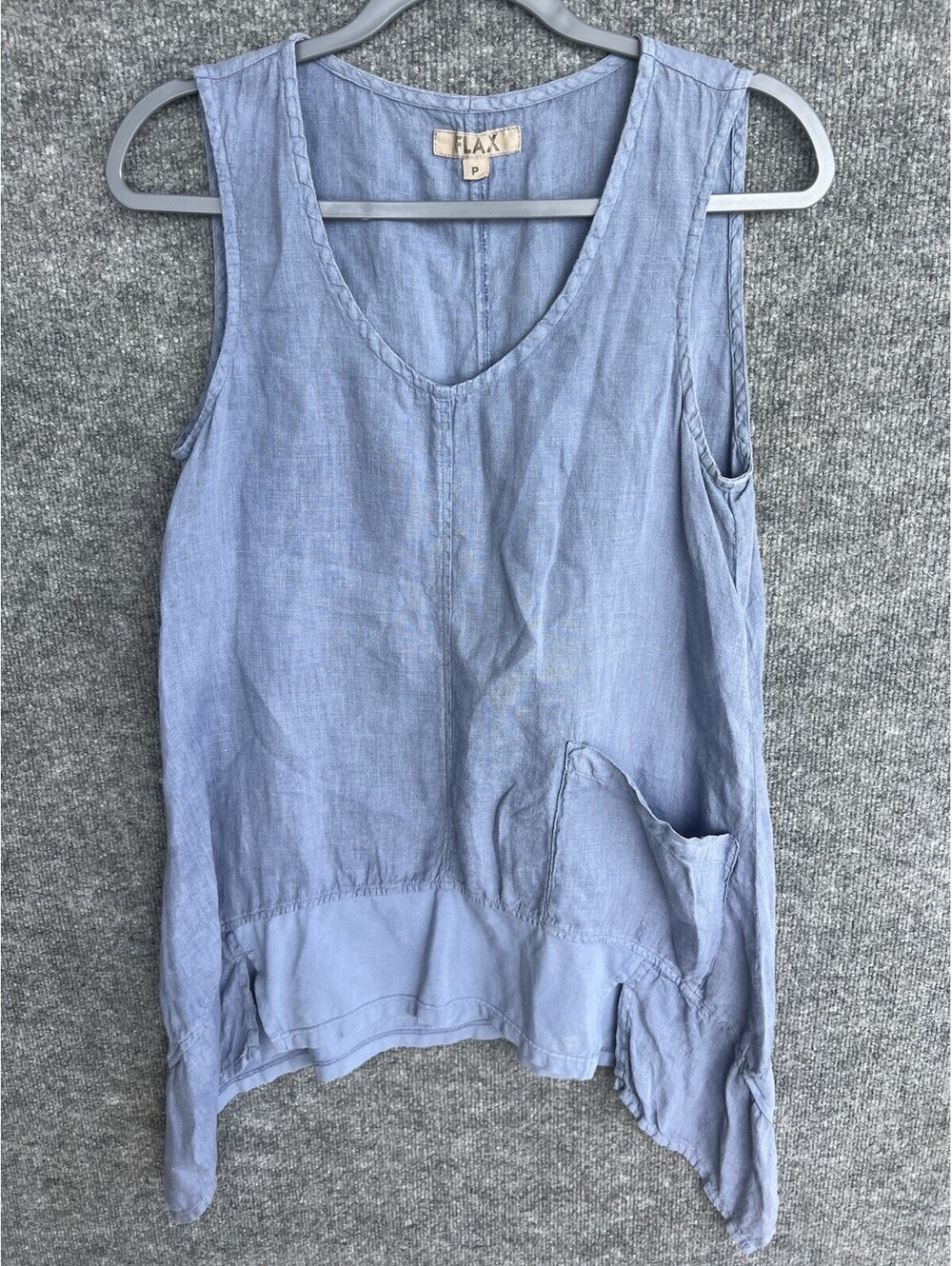 Flax Women’s Blue Linen Blend Sleeveless Tunic Top Size S P Asymmetrical Hem